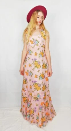 70's Vintage - Powder Pink Floral Frill Halter-neck Maxi - Size XS