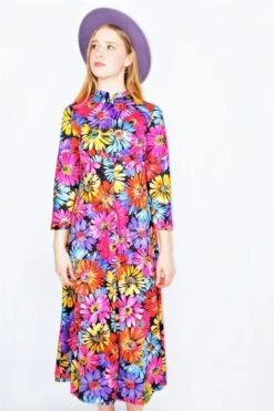 70's Vintage Dress - Colourful Daisy Tunic Maxi - Size XS/S