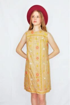 Vintage Sleeveless Dress - Flaxen, Butterscotch & Rose Floral - Size S