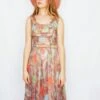 70's Vintage Dress - Earth & Aqua Belted Leaf Print Midi - Size XS