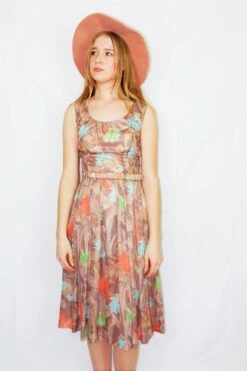 70's Vintage Dress - Earth & Aqua Belted Leaf Print Midi - Size XS