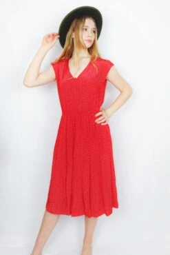 70s Vintage Sleeveless Midi Dress - Candy Red With Miniature Polka Dots - Size S/M