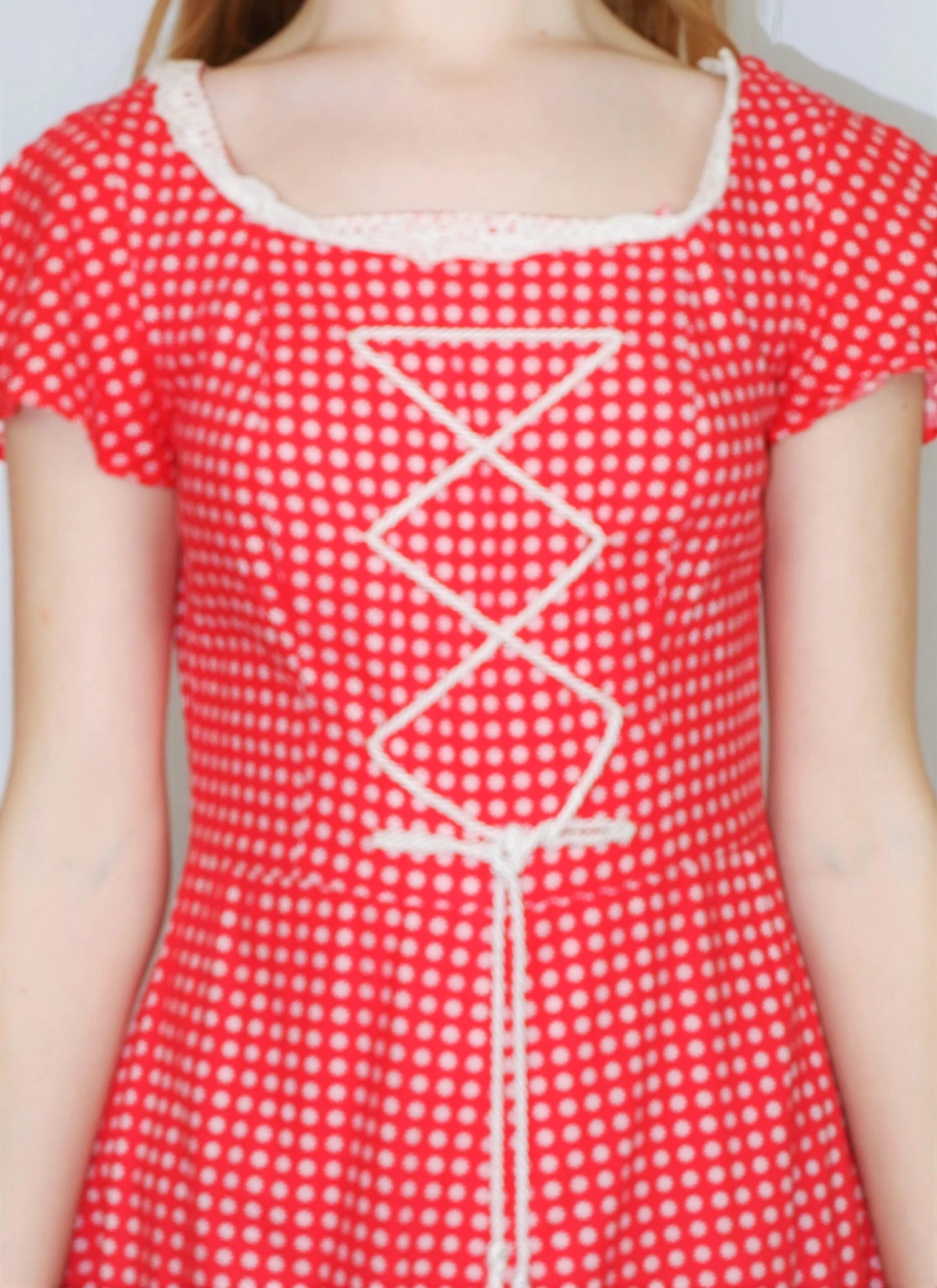 70s Vintage Prairie Dress - Sweet Red & White Floral Crochet - Size XS 5 70s Vintage Prairie Dress - Sweet Red & White Floral Crochet - Size XS - Image 3