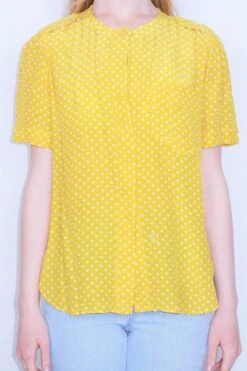 70's Vintage Silk Shirt - Sunshine Yellow Polka Dot - Size M/L -Style Luma Sales Store DSCF3772 2