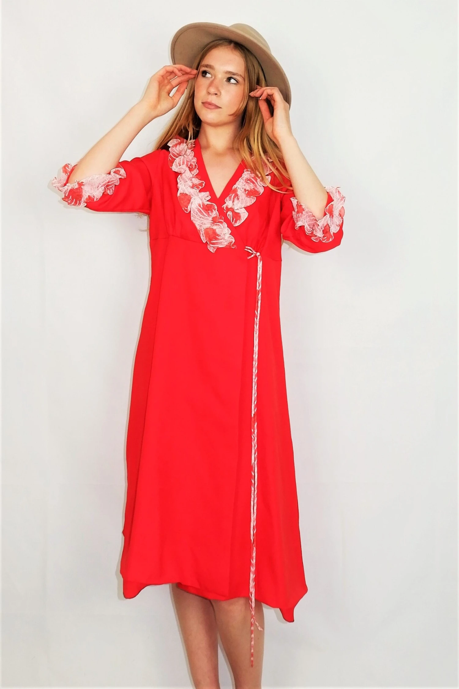 70s Vintage Dress - Bright Red With Sheer White Frills - XXS 5 70s Vintage Dress - Bright Red With Sheer White Frills - XXS - Image 3