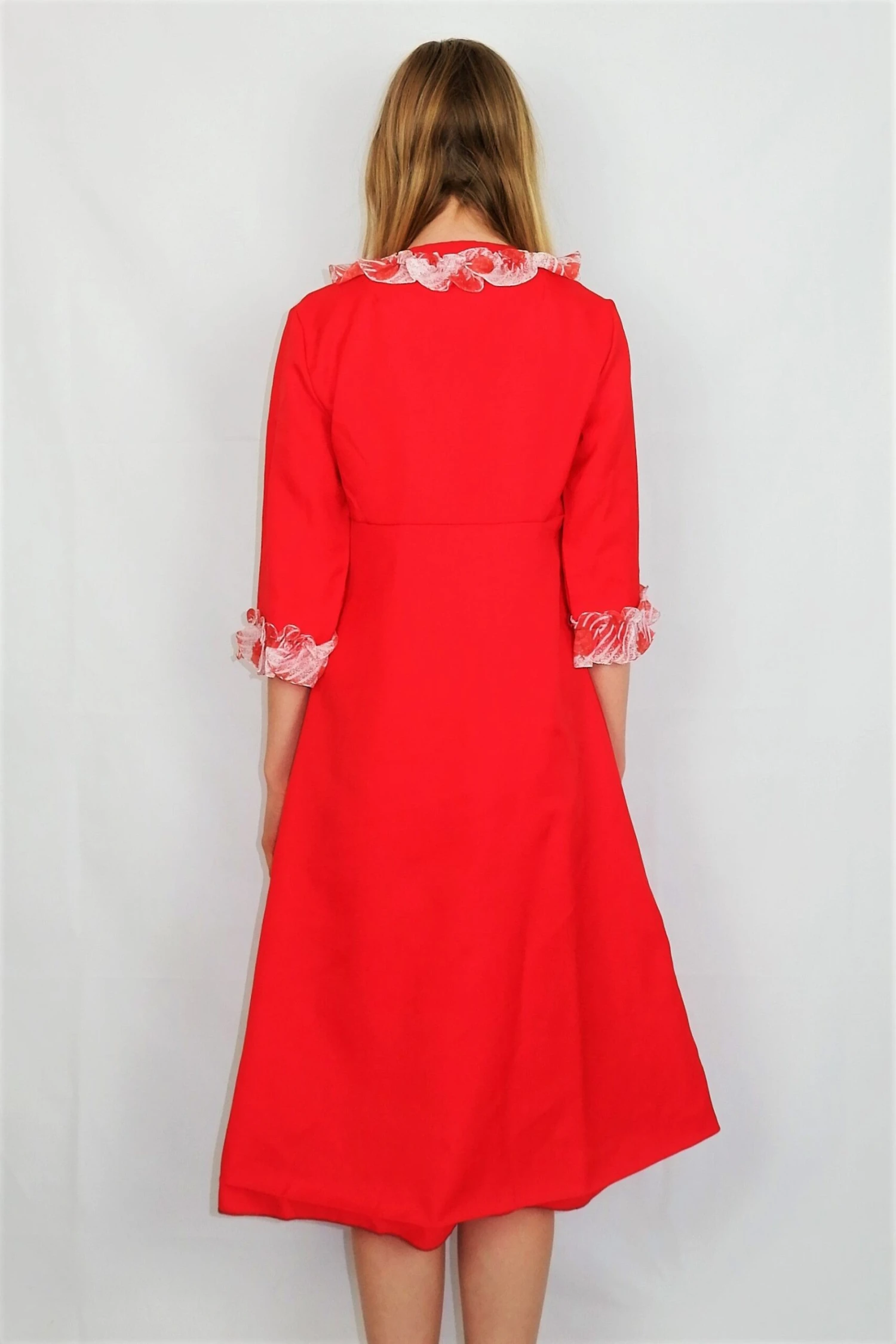 70s Vintage Dress - Bright Red With Sheer White Frills - XXS 6 70s Vintage Dress - Bright Red With Sheer White Frills - XXS - Image 4