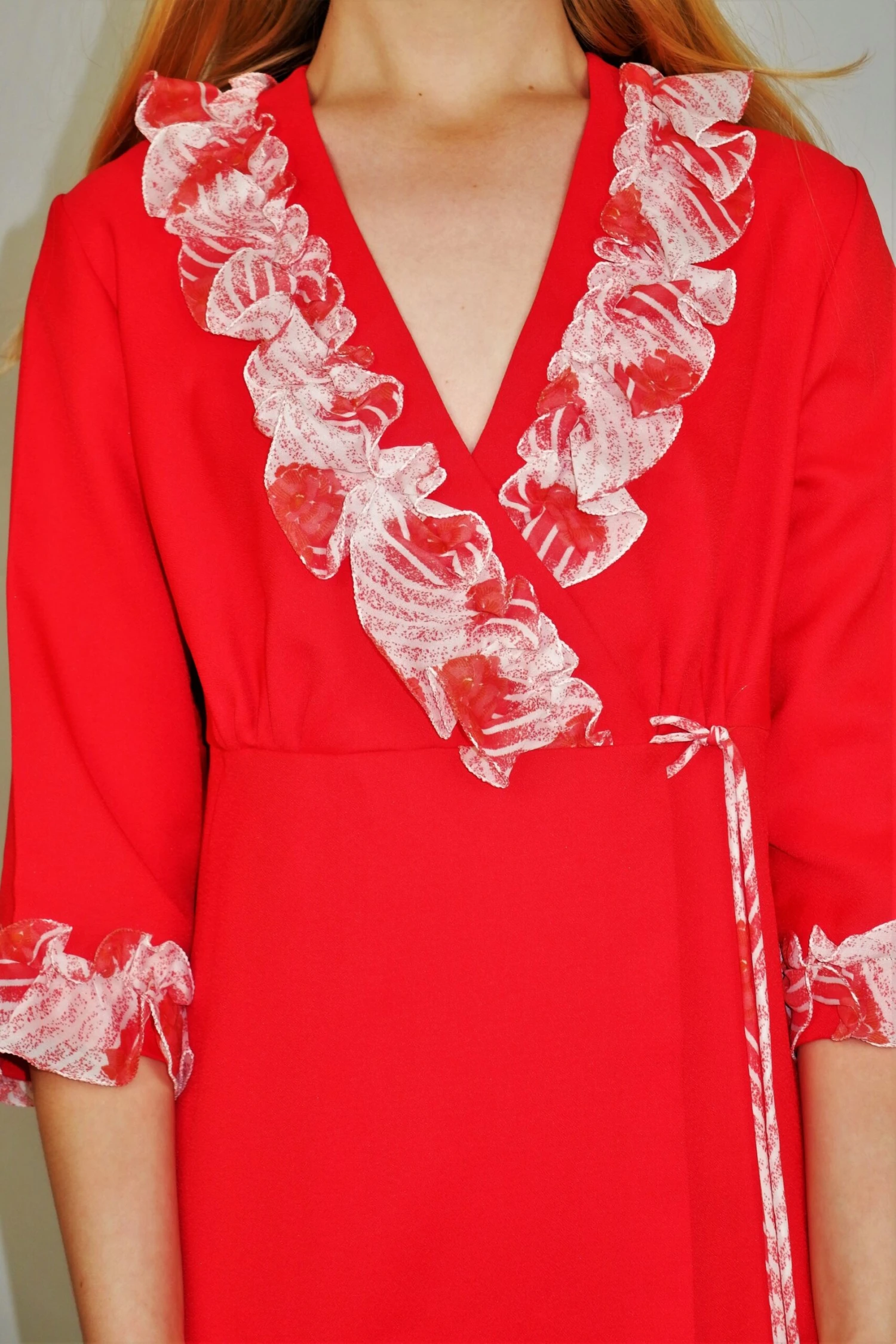 70s Vintage Dress - Bright Red With Sheer White Frills - XXS 7 70s Vintage Dress - Bright Red With Sheer White Frills - XXS - Image 5