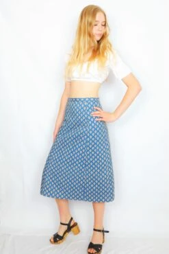 70's Vintage Quilted Skirt - Dark Cerulean & Rose Floral - XXS