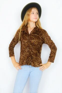 70's Vintage Velvet Shirt - Bronze Cheetah Print - Size S/M