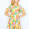 70's Vintage - Floral Frill-Sleeved Mini Dress - Yellow, Bubblegum & Sky Blue - Size XXS -Style Luma Sales Store DSCF6119 2
