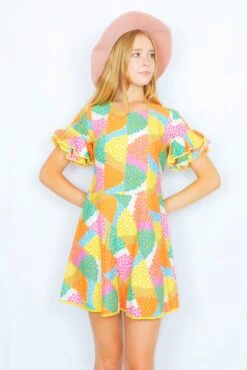 70's Vintage - Floral Frill-Sleeved Mini Dress - Yellow, Bubblegum & Sky Blue - Size XXS