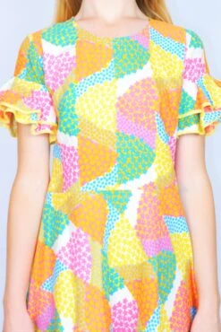 70's Vintage - Floral Frill-Sleeved Mini Dress - Yellow, Bubblegum & Sky Blue - Size XXS -Style Luma Sales Store DSCF6123 2