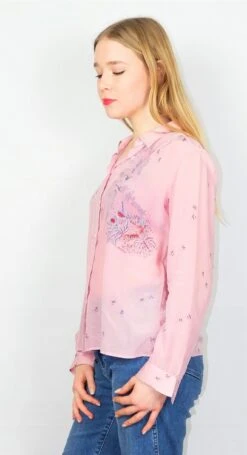 70's Vintage Blouse - Powder Pink Floral Scene - Size M/L -Style Luma Sales Store DSCF6510
