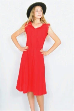 Vintage Midi Dress - Poppy Red Sleeveless Broderie Anglaise - Size XS