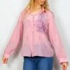 70's Vintage Blouse - Powder Pink Floral Scene - Size M/L