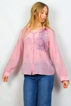 70's Vintage Blouse - Powder Pink Floral Scene - Size M/L