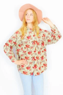 Vintage 70s Corduroy Shirt - Pistachio & Rose Floral Print - Size L/XL