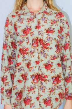 Vintage 70s Corduroy Shirt - Pistachio & Rose Floral Print - Size L/XL -Style Luma Sales Store DSCF7871