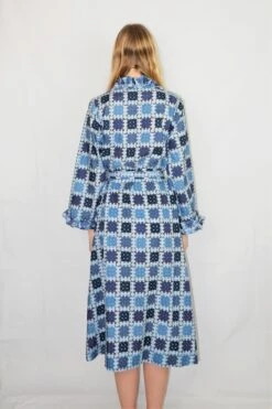1970s Vintage Housecoat/Dress - Navy, Sky Blue & Burnt Orange Weave Frill - Size L/XL -Style Luma Sales Store DSCF8043