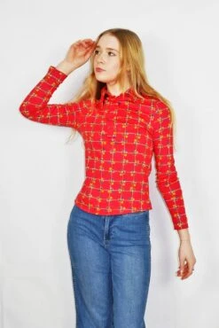 Vintage 70's - Candy Red & Sunshine Ditsy Retro Floral - Size S