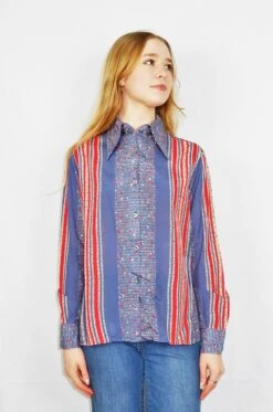 Vintage Top - Powdered Violet & Scarlet Striped Shirt - Size S/M