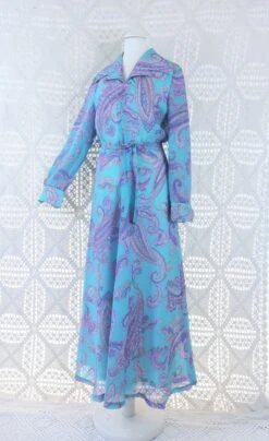 70's Vintage Maxi Dress - Aqua Blue And Lilac Paisley - Size S