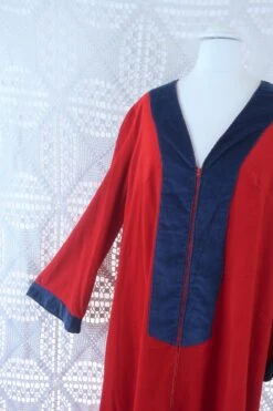 70's Vintage Dress - Corduroy Bright Red W/ Blue Trim Kaftan - Size M/L -Style Luma Sales Store IMG 0346 4a100959 2d03 4f57 816c 0cfca376ee52