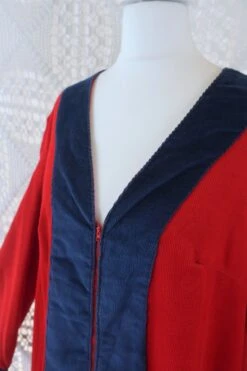 70's Vintage Dress - Corduroy Bright Red W/ Blue Trim Kaftan - Size M/L -Style Luma Sales Store IMG 0347 61f05dce 4a31 4d5a 9a29 fc6d27e59e63