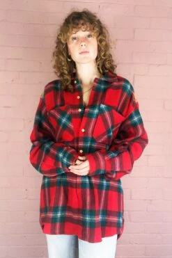 Vintage Plaid Shirt - Red & Forest Green With Faux Suede Shoulder Patches - Size XL