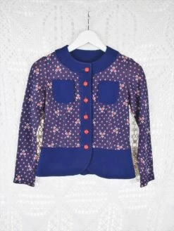 70's Vintage - Knitted Crop Shirt - Navy & Red Polka Dot - Size XS