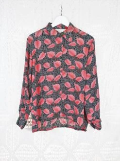 70's Vintage - Black & Pink Floral Leaf Shirt - Size S/M