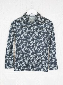 70's Vintage - Flower Power Fitted Shirt Black & White Floral Shirt - Size S