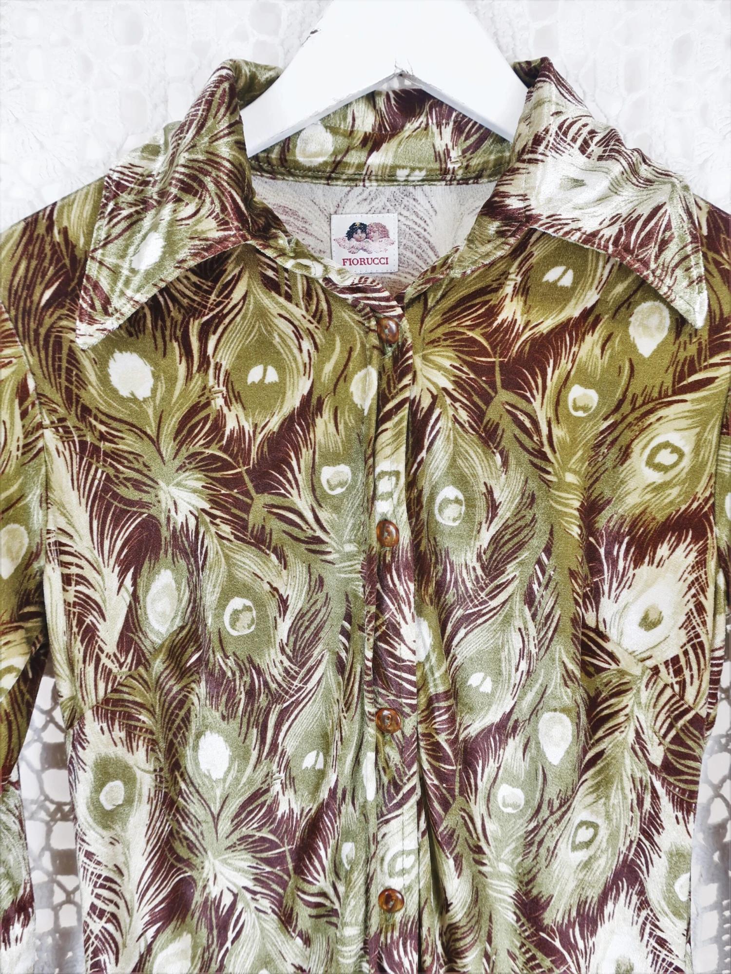 70's Vintage - Velvet Peacock Feather Shirt - Olive & Brown - Size S 4 70's Vintage - Velvet Peacock Feather Shirt - Olive & Brown - Size S - Image 2