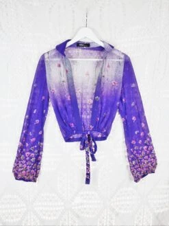 70's Vintage - Deep V Tie Top - Bright Purple & White Floral - Size S/M
