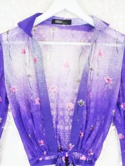 70's Vintage - Deep V Tie Top - Bright Purple & White Floral - Size S/M -Style Luma Sales Store IMG 1479xx
