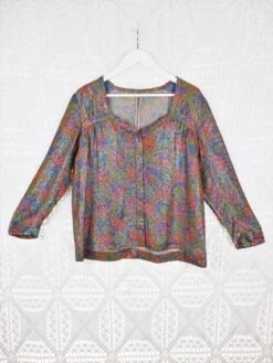 80's Vintage - Multi-Coloured Shimmery Jacquard Printed Blouse - Size L