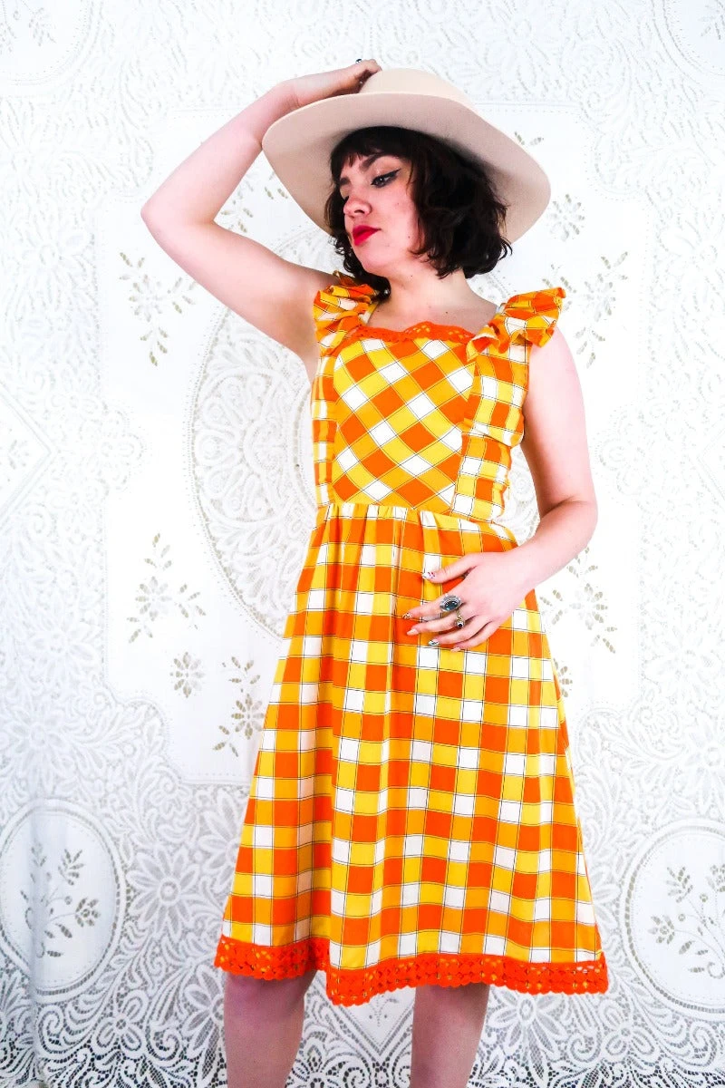 Vintage Midi Dress - Yellow & Orange Check - Size XS 4 Vintage Midi Dress - Yellow & Orange Check - Size XS - Image 2