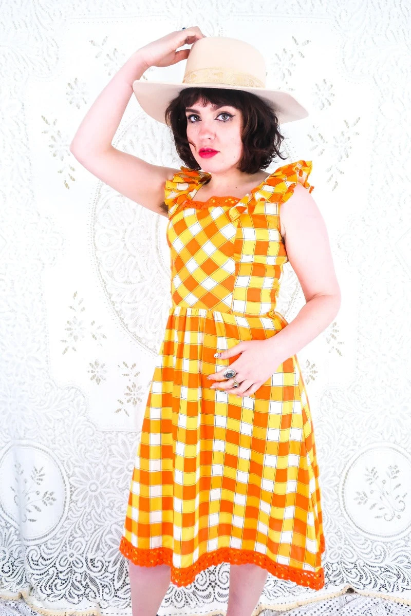 Vintage Midi Dress - Yellow & Orange Check - Size XS 3 Vintage Midi Dress - Yellow & Orange Check - Size XS