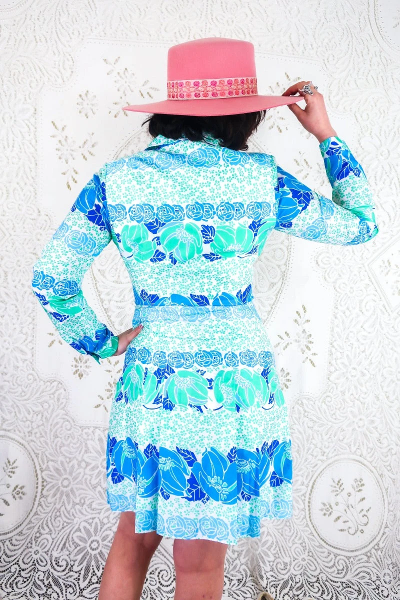 Vintage Button Down Mini Dress - Cerulean & Mint Floral - Size XS 5 Vintage Button Down Mini Dress - Cerulean & Mint Floral - Size XS - Image 3