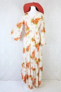 70's Vintage Dress - Soft Cream & Maple Floral - Size S