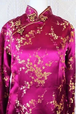 70's Vintage Mandarin Cocktail Dress - Plum & Golden Blossom - Size S/M -Style Luma Sales Store IMG 2774 27713bcc 89a4 4833 b803 3ab087833593