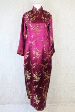 70's Vintage Mandarin Cocktail Dress - Plum & Golden Blossom - Size S/M -Style Luma Sales Store IMG 2776 5926d4f3 3160 463b b524 07a83079ee86