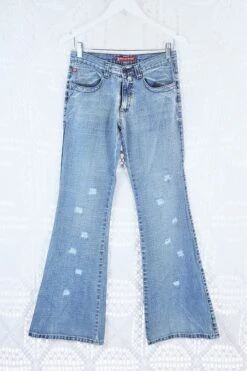 Vintage Flared Jeans - Stone Wash Blue With Distressing - Size S