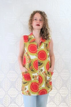 Vintage Mini Dress/Top - Bright Red & Yellow Mandala Sunflower - Size S