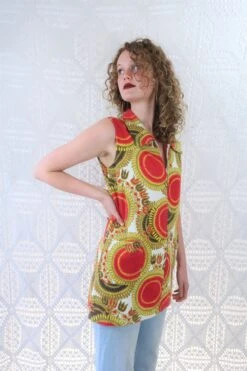 Vintage Mini Dress/Top - Bright Red & Yellow Mandala Sunflower - Size S -Style Luma Sales Store IMG 4833