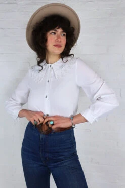 Vintage White Oversized Lace Collar Blouse - Size S