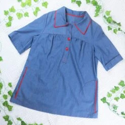 Vintage Tunic Top - Indigo Linen With Red Accents - Size L