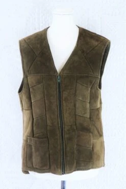 70's Vintage Waistcoat - Ginger Suede With Faux Fur Lining - Size S/M
