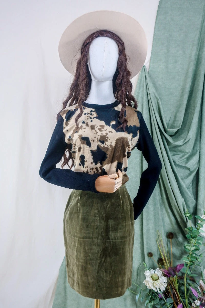 Vintage Mini Skirt - Moss Green Velvet - XS W26 3 Vintage Mini Skirt - Moss Green Velvet - XS W26