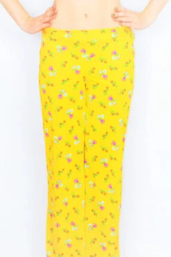 Vintage Co-Ord Trousers - Solar Yellow Floral Print - Size S -Style Luma Sales Store co ord solar yellow floral print vintage trousers close up all about audrey
